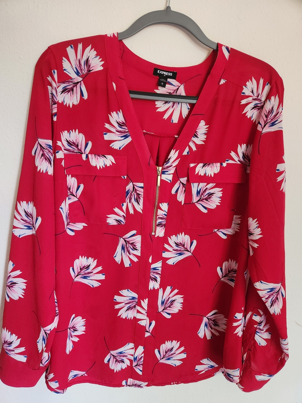 Express Red Floral Zip-Front Blouse